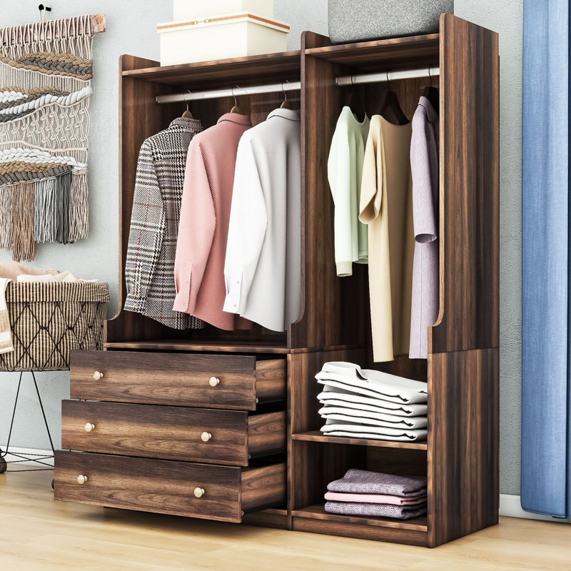 Oleta Contemporary Open Wardrobe with Dual Rods 3 Drawers and Multi Level Shelves Latitude Run Color Brown